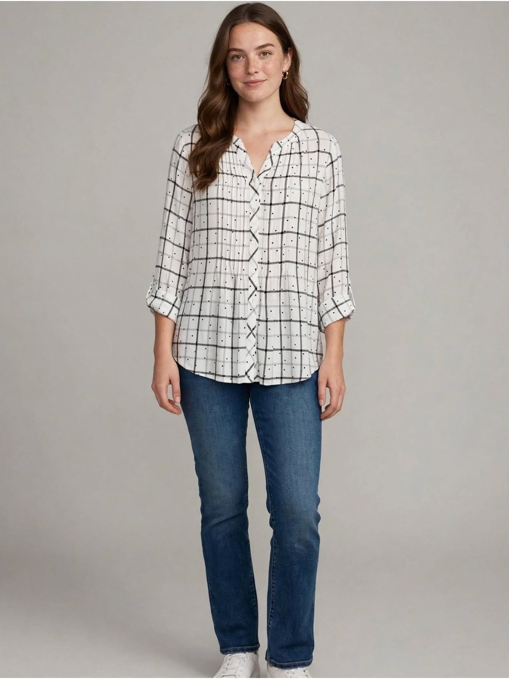 croft & barrow White and Black Windowpane Ruffle-Front Button-Down